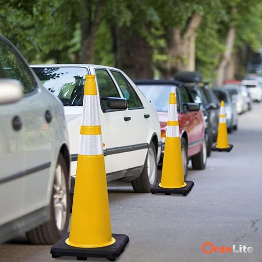 Fluorescent Orange/Green PVC Traffic Cones, Heavy Black Base Parking Lot Cone Structurally Stable Weatherproof Road Construction Safety Cones (4, Yellow, 36" Extra Large)