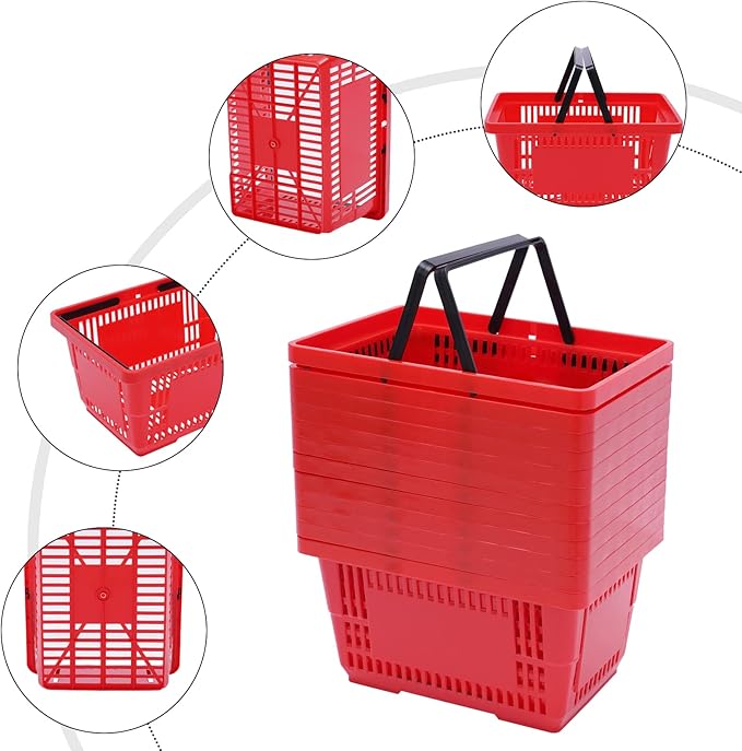 12PCS Shopping Baskets with Handles, Portable Wire Shopping Basket,Open&Stackable Design for Supermarket, Retail, Bookstore (Red)