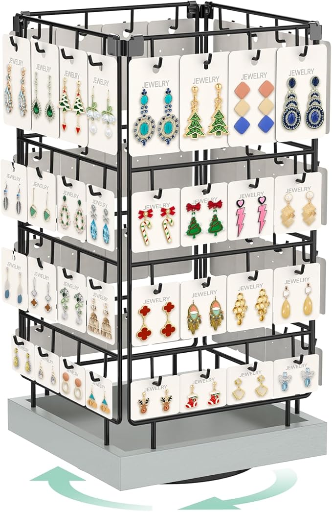 EsLuker.ly Rotating Earring Display Holder Stand for Vendors Events Selling, Large Capacity 64 Hooks Jewelry Rack with Wooden Base for Earring Card Sales, Enhances Retail Visibility (Light Grey)