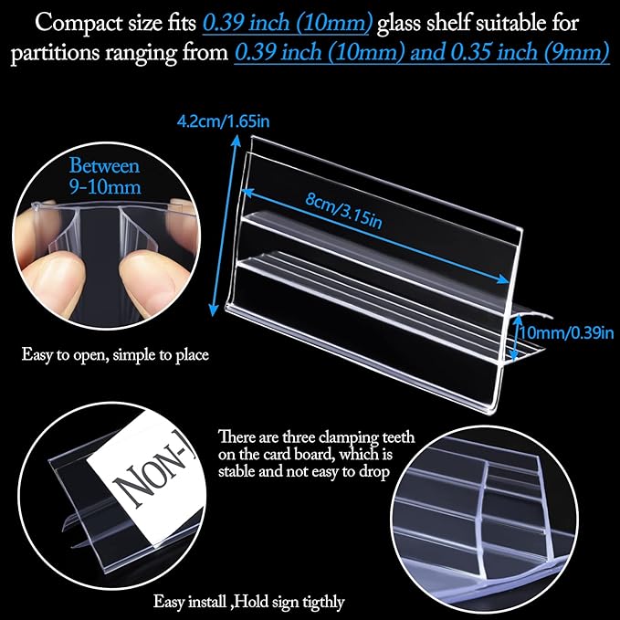 Glass Shelf Label Holders 40 pcs with Inserts fits Fits 3/8" Glass Shelving