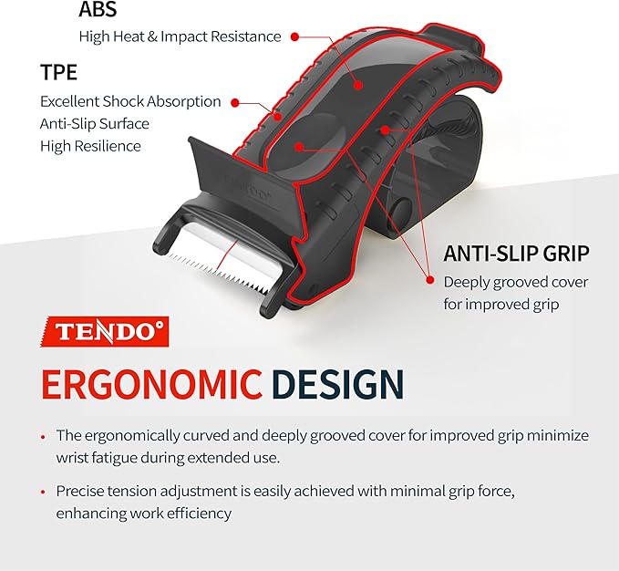 Heavy Duty Shipping Tape Dispenser: TENDO° Premium Line – Reusable, Replaceable, Eco-Friendly 2’’ Master Piece Dispenser for Pros with Patented 10° Sloped Chromium Blades - P-2200 (4th Gen.)_Black