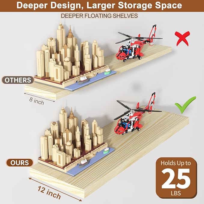 12 Inch Deep Floating Shelves for Wall 2 Pack Floating Shelfs Large Storage Space Wall Decor Display Shelf for Bathroom Living Room Bedroom Kitchen 40" W x 12" D x 1.2" H Natural Wood