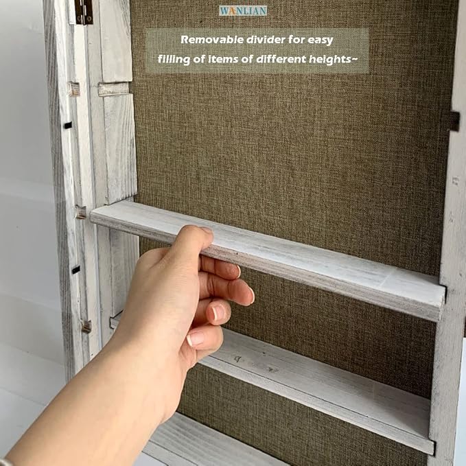 WANLIAN Large Shadow Box with Shelves, 16x20 Wooden Shadow Box Display Cabinet with Acrylic Window ，5 Removable Shelves and Linen Back ，for Displaying Photo Souvenir Collection（Rustic White）