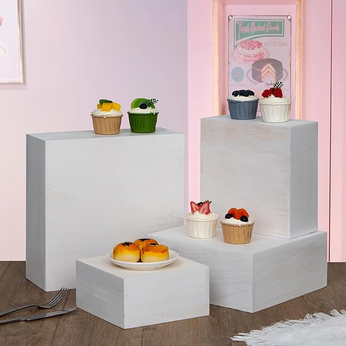4 Pieces Wooden Cake Stands,Natural Wite Cupcake Stands for Display,12 inches Square Wooden crates,Wood Display risers for Wedding,Birthday Party,Christmas,etc. (Natural White)