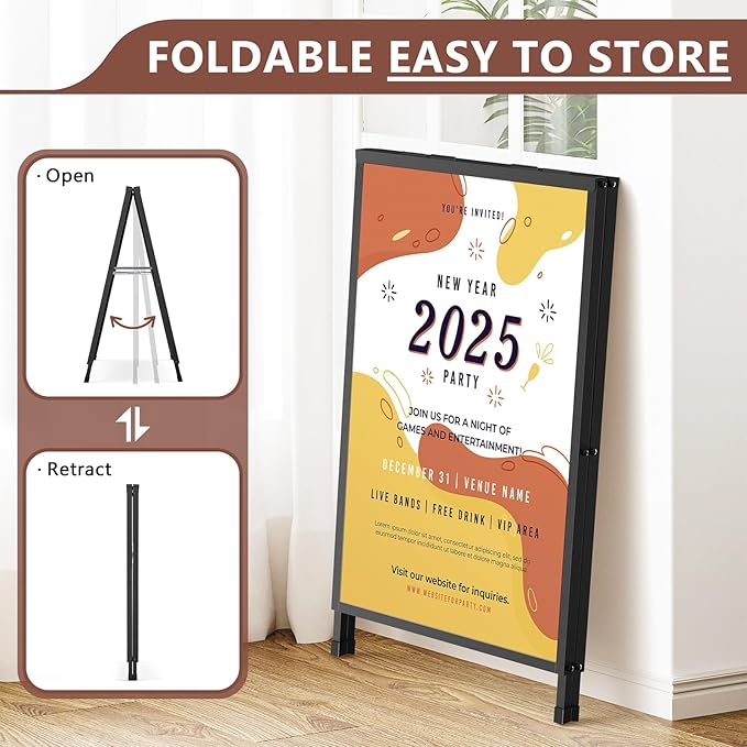 A Frame Sign 24x36 Inch Sandwich Board, Heavy Duty Double-Sided Folding Sidewalk Signboard, Slide-in Steel Metal Frame Sign Display Holder for Outdoor & Indoor Street Poster, Businesses, Advertising