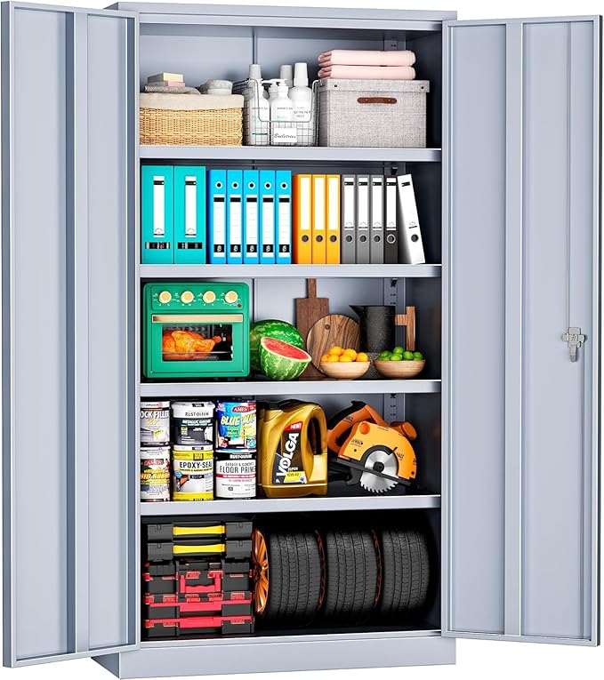 INTERGREAT Metal Garage Storage Cabinet with Lock, 72" Storage Cabinet with Locking Doors and 4 Adjustable Shelves, Lockable Steel Tool Cabinet for Home Office, School, Cement Grey
