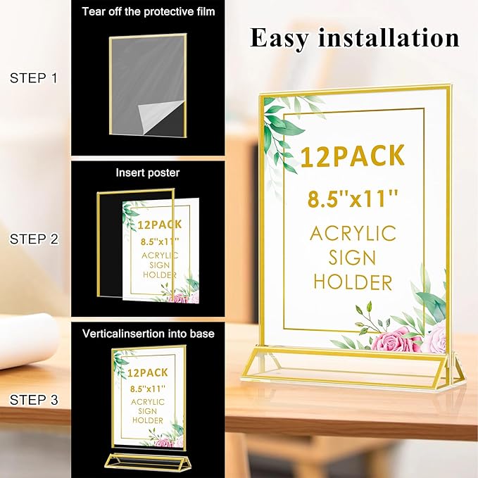Acrylic Sign Holder 8.5 x 11, 12 Pack Double Sided Flyer Holder, Table Menu Holder Display Stand for Wedding, Party, Gold Picture Frame Stand up Table Top Menu Holder