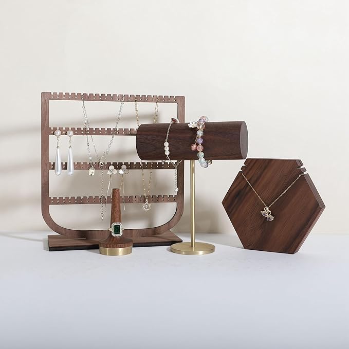GemeShou Wood bracelet rack for selling, Metal brass bracelet display stand, Walnut bracelet holder organizer, Bangle Jewelry organizer T bar stand【Walnut Brass Bracelet Holder-Low】