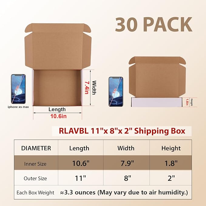 RLAVBL 11x8x2 Shipping Boxes Set of 30, White Corrugated Cardboard Mailer Box for Packing Mailing Small Business