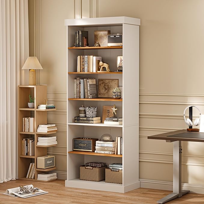Vyre 70.8" Tall Farmhouse Bookshelf with Glass Doors, Modular Bookcase with 6-Tier Adjustable Shelves, Large Storage Cabinet for Kitchen, Living Room, White, Set of 2