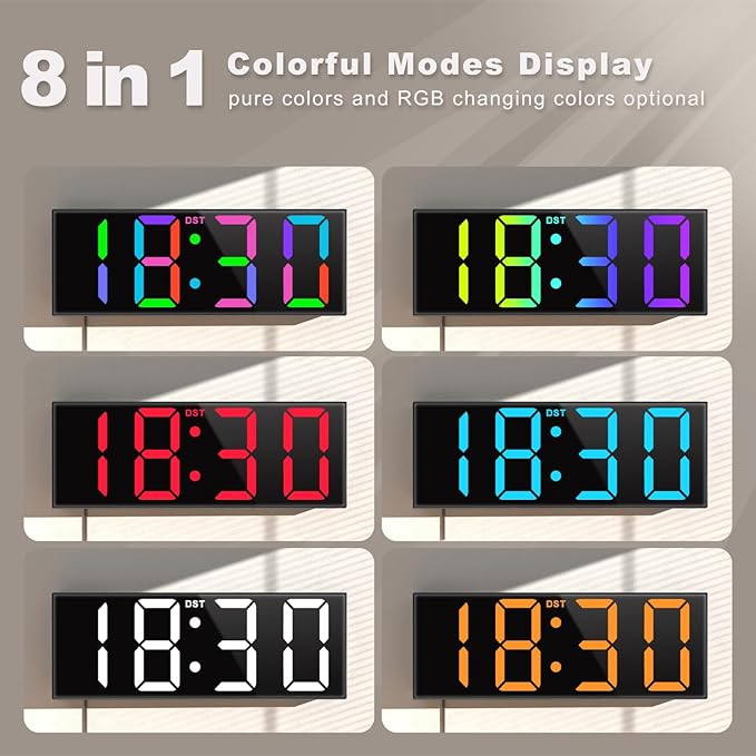 JALL 12'' Large Digital Wall Clock, Big LED Number Dispaly, RGB Colors, DST, Night Light for Classroom Living Room Bedroom Mounted Birthday Xmas Gift for Senior, Black Shell, Red Font