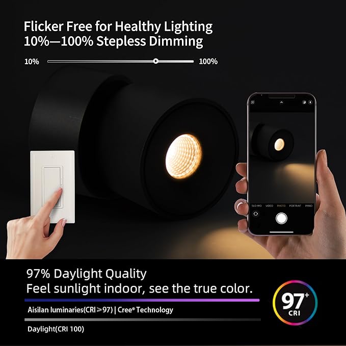 Aisilan Ceiling Spot Light, 7W Dimmable LED Spotlight Indoor, Black Wall Surface Mounted Spotlight Fixtures, 360°Adjustable Directional Lighting for Home Picture Bedroom, 3000K, CRI 97+