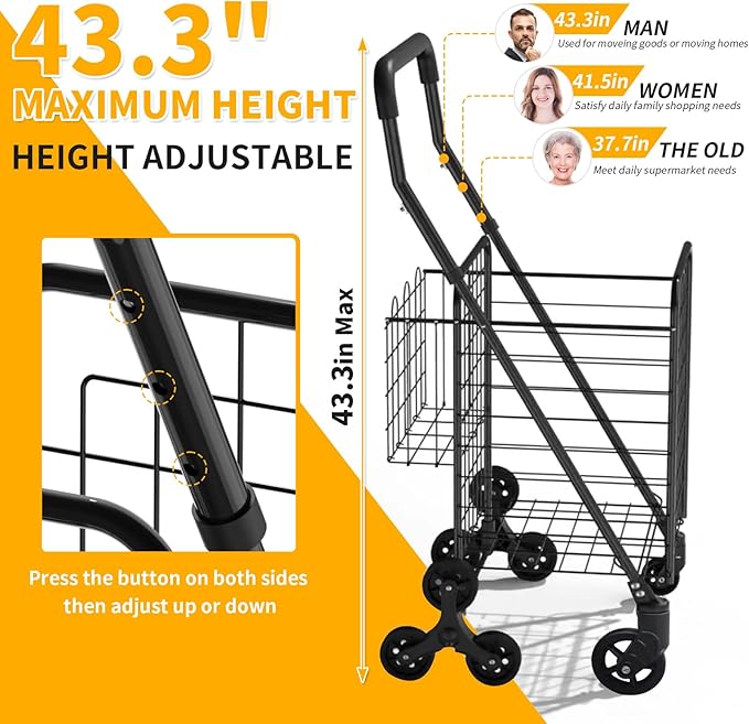 Grocery Shopping Cart with 360° Rolling Swivel Wheels Stair Climber Utility Cart Easily Collapsible Cart with Tri-Wheels, 66lb Extended Foam Cover, Trolley for Stair, Laundry, Travel (Black)