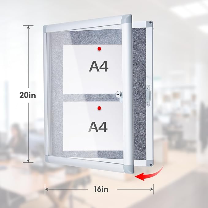 Enclosed Bulletin Board 20x16 Inch Outdoor Notice Board Tamper-Proof Flannel Lockable Display Cases with Aluminum Frame, All Weather Pinboard for Hospital, Restaurant Kitchen, Office