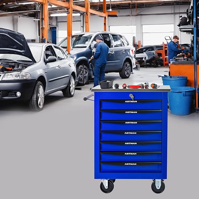 7-Drawer Heavy-Duty Rolling Tool Chest with Wheels & Steel Roof, Lockable Tool Chest Storage Cabinet for Garage, Workshop, Warehouse, and Repair Shop