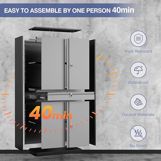 Metal Storage Cabinet with with Drawer, Garage Storage Cabinet with Locking Doors and Adjustable Shelves for Garage, Home Office,Warehouse