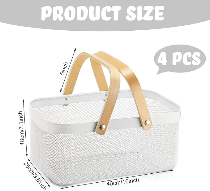 Sadnyy 4 Pcs Metal Wire Storage Basket with Handle Mesh Harvest Durable Vegetables Fruit Basket for Garden Organizing, Kitchen, Countertop, Closet, Bedroom (16 x 9.8 x 7.1 Inch,White)
