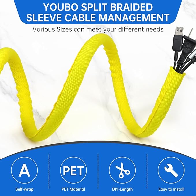Split Braided Cable Sleeve，Flexible Wire Loom Tubing, Automotive Cord Protector Pet Proof, Cable Management for Computer TV Electric Wires Harness 16ft (Yellow, 8mm（5/16")