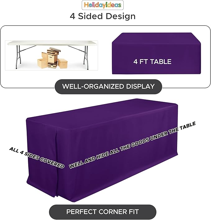 HolidayIdeas Fitted Tablecloths for 4 Foot Rectangle Table, Wrinkle Resistant Washable Table Cover 24x48 Inch for Vendor Booth Display, Banquet, Trade Show, Purple, 4 Pcs