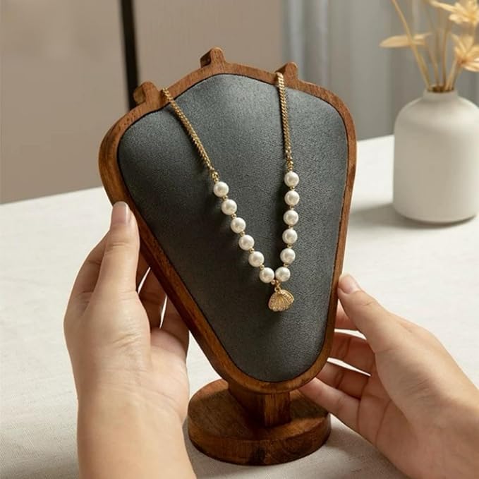 Walnut Color Body Wood Necklace Display Stand with Gray Flannelette Soft Mat Necklace Holder Organizer Desktop Stand for Home Store Dresser-3.3"x5.8"x8.4"