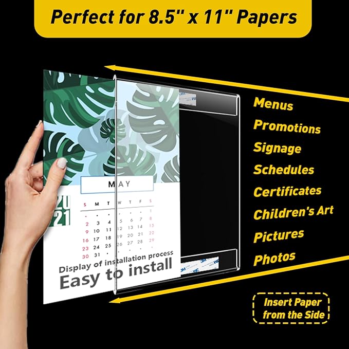 KSacry 12 Pcs Acrylic Sign Holder 11 x 8.5, Horizontal Wall Mount Sign Holders with 3M Adhesive, Clear Plastic Frames Paper Display Sign Holders for Office, Home, Store, Restaurant - No Drilling
