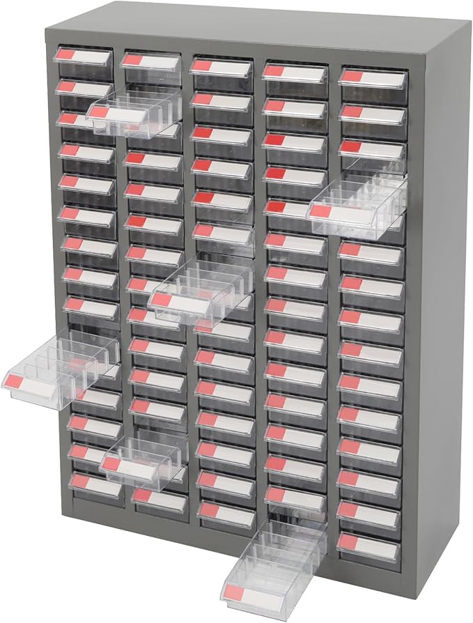 Drawer Storage Cabinet | Storage Cabinet Part Organization Shelves | Bolt and Nut Tool Storage Steel Cabinet | Hardware Organizer and Storage Organization | with Dividers and Labels (Clear)