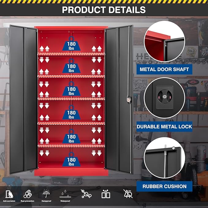 Metal Storage Cabinet-71” Tall Steel File Cabinets with Lockable Doors and Adjustable Shelves-Black&Red Steel Storage Cabinet for Home,Kitchen, School, Office, Garage