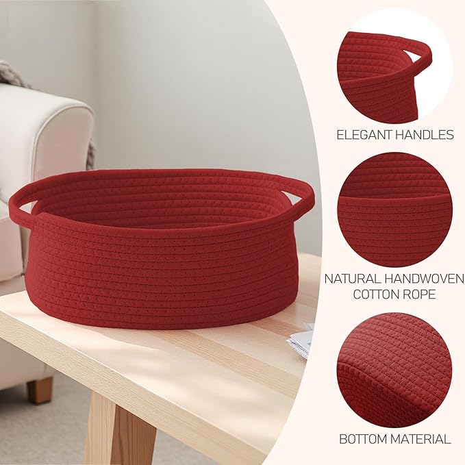 Woven Basket,Small Rope Storage Bin with Handles & Ribbon Bag, Organizer for Shelves Closets,Gift Basket Empty for Birthday,Books,Dog Toys, Red/2 Pack