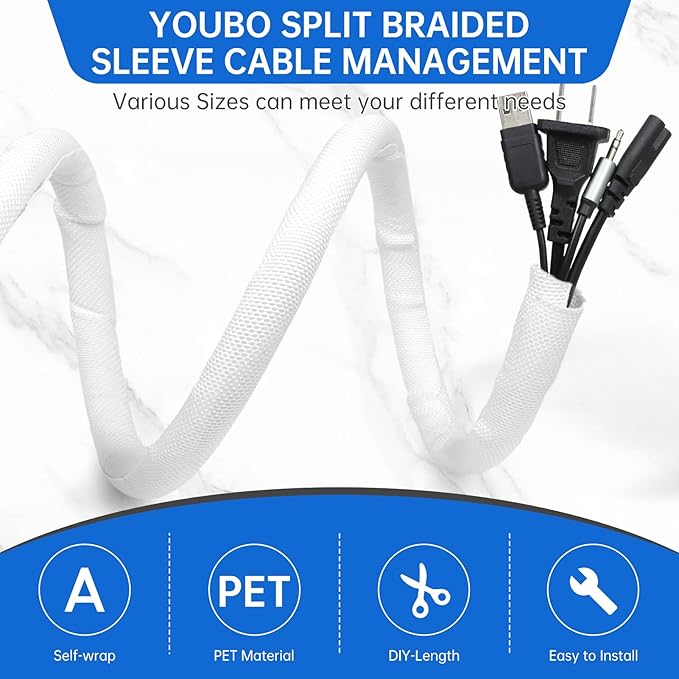 Split Braided Cable Sleeve，Flexible Wire Loom Tubing, Automotive Cord Protector Pet Proof, Cable Management for Computer TV Electric Wires Harness 16ft (White, 10mm（3/8")