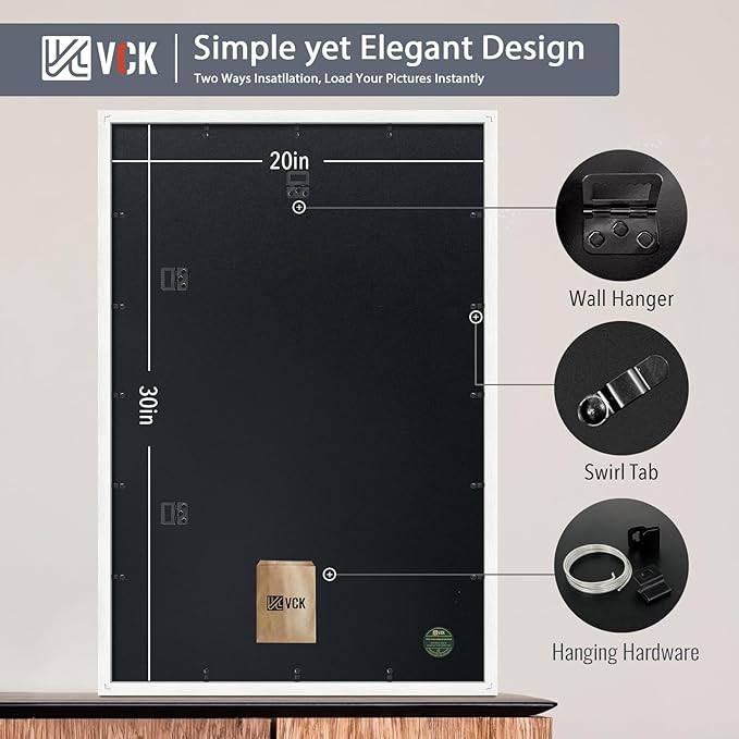 VCK 20x30 Poster Frame White - with Mat 16x24, Exclusive Textured Solid Wood Picture Frame Horizontal and Vertical Formats with Included Hanging Hardware, 2 Pack