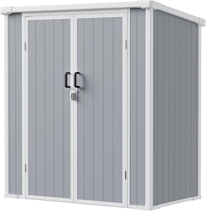 5x3 Resin Garden Sheds & Outdoor Storage on Clearance, Weather-Resistant Plastic Shed with Floor and Lockable Door for Garden Tools, Lawn Mower, Bike, Backyard Organization, Aritic Light Grey