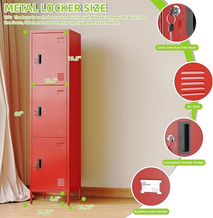 Aobabo 16" W 3 Door Metal Storage Locker with Lock, 66" H Steel Locker with Name Card Holder and Metal Hook for School, Home, Office, Playroom, Assembly Required, Red