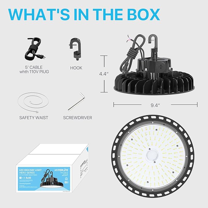 HYPERLITE High Bay Led Lights 100W 14,500LM (145lm/w) 5000K 1-10V Dimmable 5' Cable with 110V Plug US Hook UL Listed High Bay Led Shop Light for Barn Workshop Warehouse