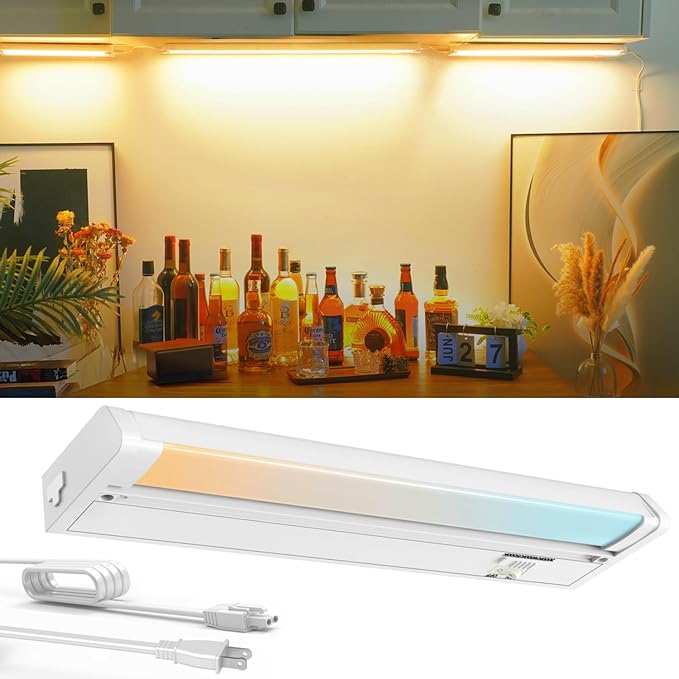 12" LED Under Cabinet Lighting, 8W 600LM, 3 Color Temperatures (3000K/4000K/5000K), Hardwired or Plug-in, Dimmable, 45° Rotatable Design, Connect Multiple Fixtures Up to 15 Units