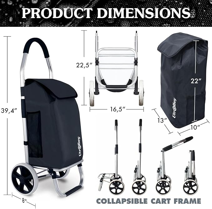 Ultra-Lightweight Foldable Grocery Cart with 40L Capacity, Soft Rolling Wheels, Removable Insulated Bag – Multi-Purpose Personal Hand Truck (Black)