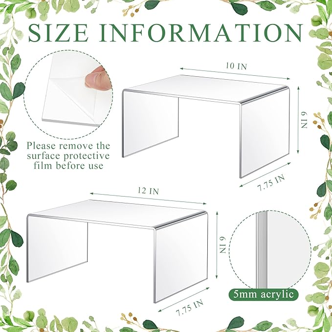 2 Pcs 10 Inch, 12 Inch Large Acrylic Risers Display Stands 5 mm Thick Acrylic Shelf Riser Showcase for Collectibles Jewelry Cupcakes Food Figures Perfume Cabinet (Clear)