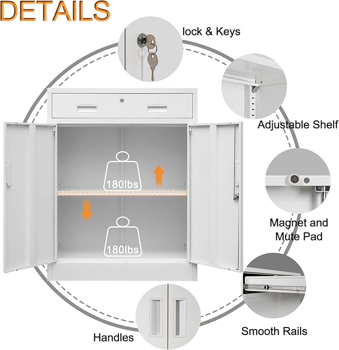 Metal Storage Cabinet, Locking Cabinet with 1 Drawer and Adjustable Shelf, 36" H x 28" W x 16" D Steel Storage Cabinet for Office, Garage, Home-White