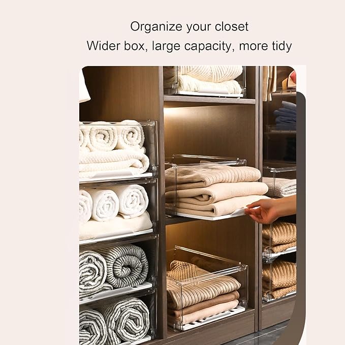 Stackable Storage Drawers, Closet Organizers Storage Box Closet Box PET Stackable Clear Shelf Organizer Drawer Bin for Kitchen Cabinets Pantry Makeup Organ