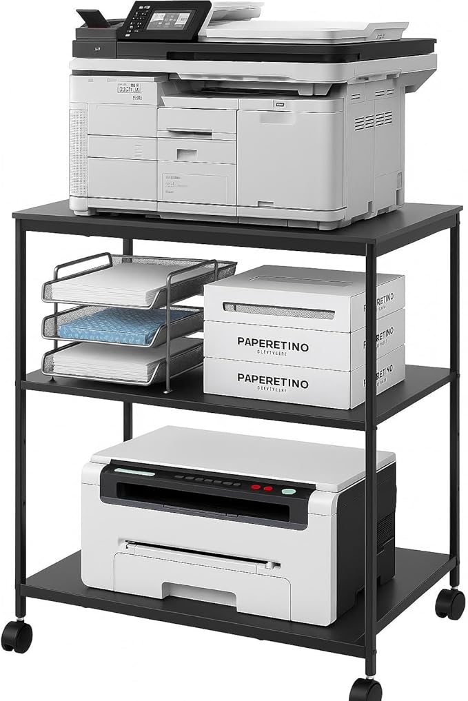 Heavy Duty 2-Tier Printer Stand with Locking Wheels, 19.5"x19.5" Large Printer Table Shelf, Holds 100 lbs per Shelf - Fits Most 60" Desks, Perfect for Office, Home, Laser Printer or Mini Fridge