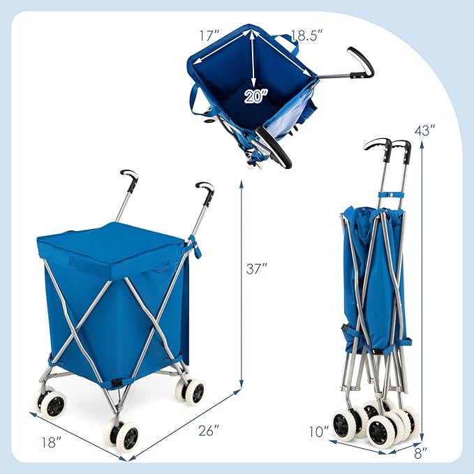 Goplus Folding Shopping Cart with Wheels, Grocery Cart with Removable Oxford Cloth Liner, Lightweight Utility Cart for Groceries Laundry Blue