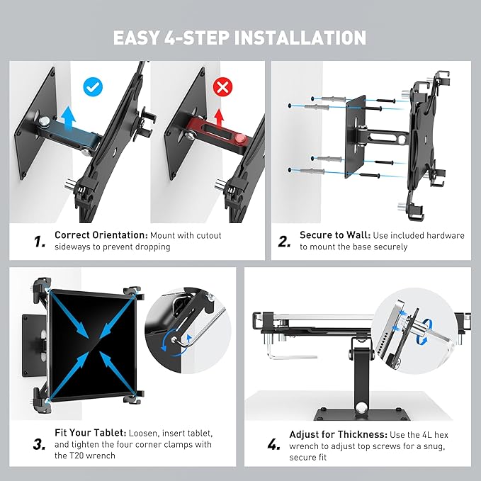 AboveTEK Universal Tablet Wall Mount, Anti-Theft iPad Mount with Locking Enclosure for 9.7"-13" Screen, Heavy-Duty Aluminum Kiosk for Business POS Display, Adjustable 360° Swivel & Tilt VESA Mount