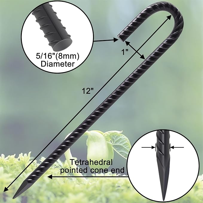 VVOKGO Rebar Stakes 12 Inches J Hook Heavy Duty Chain Link Fence Stakes, 59 Pcs Metal Long Tent Spikes Ground Anchors for Wire Fencing, Dogs Digging, Camping Tents, Swings, Greenhouse, Black