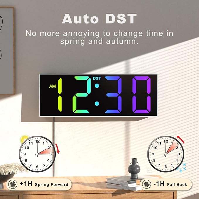 JALL 12'' Large Digital Wall Clock, Big LED Number Dispaly, RGB Colors, DST, Night Light for Classroom Living Room Bedroom Mounted Birthday Xmas Gift for Senior, Mem Womem (A White Shell, 12 inches)