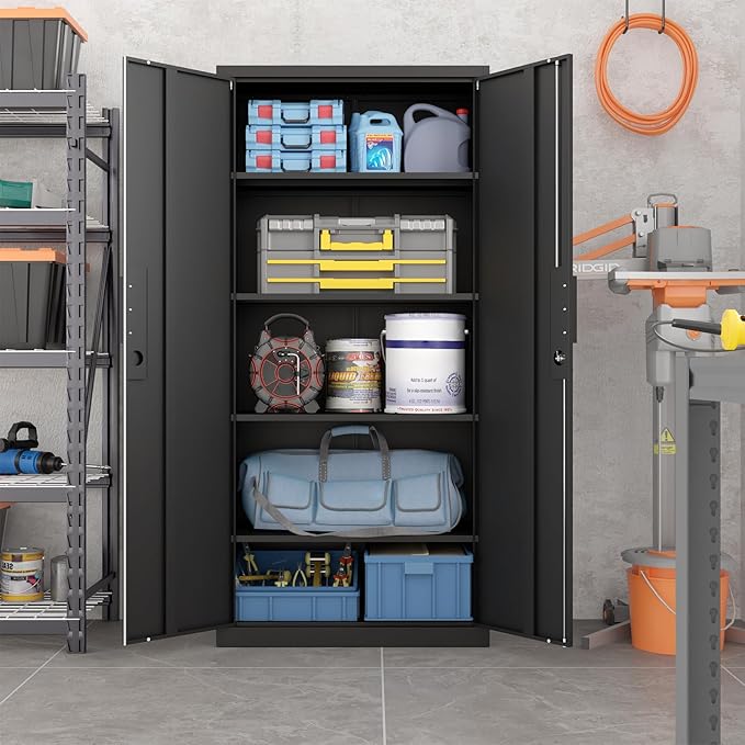 LUCYPAL Metal Storage Cabinet with Lock,70.8" H Black Garage Storage Cabinet with Doors and Shelves,Tall Locking Cabinets for Home Office,Garage,Warehouse