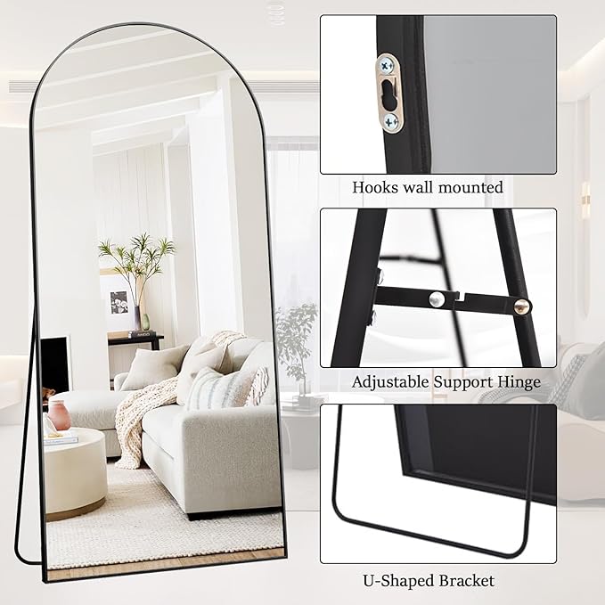 Floor Full Length Mirror, Arched Mirrors Full Length 76"x34" Freestanding Large & with Aluminum Frame&Wall Mounted & Hanging or Leaning& Full Body Mirror for Bedroom, Black