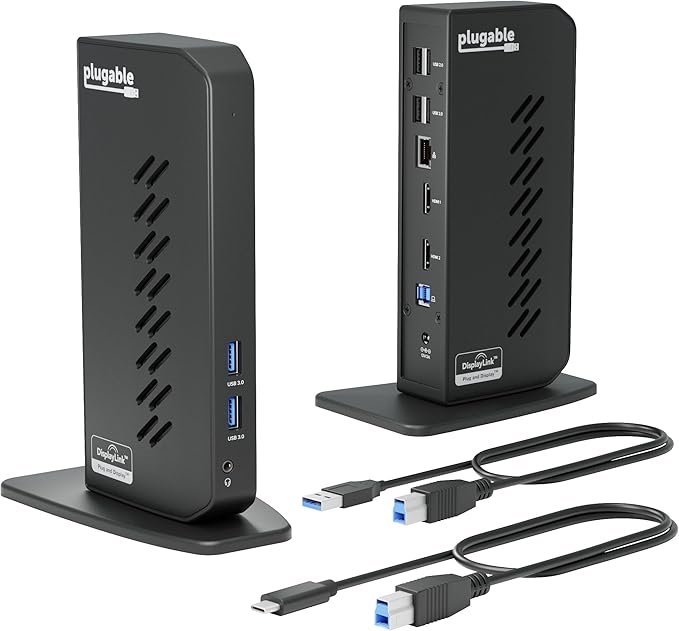 Plugable USB 3.0 and USB-C Universal Laptop Docking Station with 2 HDMI Ports for Windows, Mac (Driver Required), and ChromeOS, Gigabit Ethernet, Audio
