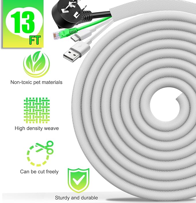 AIERSA 13FT Cord Protectors from Pets No Chew,Wire Protector for Cats,Rabbits,Dogs,White Durable Braided Cord Cover,Cable Sleeves for Cord Management and Pet Protection