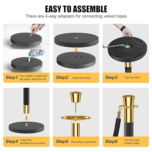 kaiyomi 4Pcs Stanchions with Black Velvet Ropes Set, 5 Feet Velvet Ropes and Posts Poles for Red Carpet Party Decoration and 360° Photo Booth (Golden & Black)