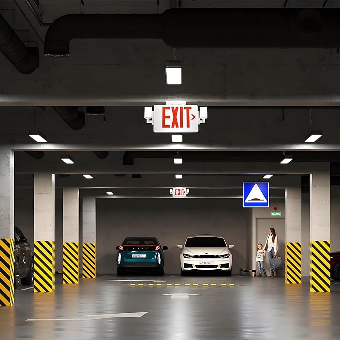 Gruenlich LED Combo Exit Sign, Emergency Light with 2 Adjustable Heads and Double Face, Back Up Batteries- US Standard Red Letter EXIT, UL 924 Qualified, 120-277 Voltage, 6-Pack