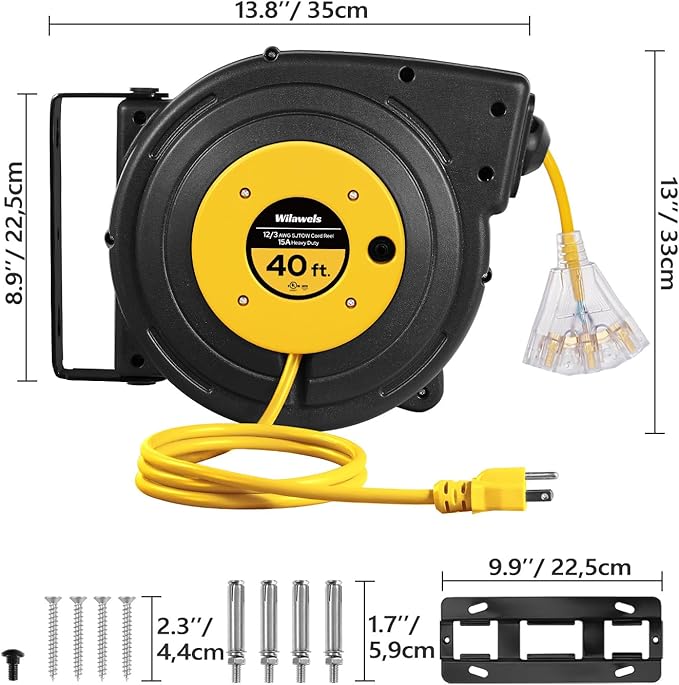 Retractable Extension Cord Reel, 40 FT Heavy Duty Power Cord, 12AWG/3C SJTOW, 3 Grounded Outlets Lighted Triple Tap, 15 Amp Circuit Breaker, UL Listed, Yellow Y40CR06